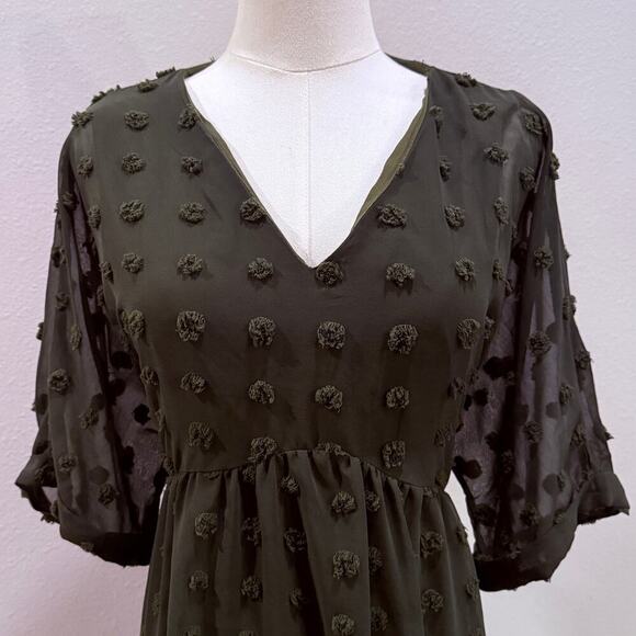 Olive Green SwissTextured Dot Midi Dress Women XL 3/4 Sleeve Flowy Fall Boho - Picture 3 of 8